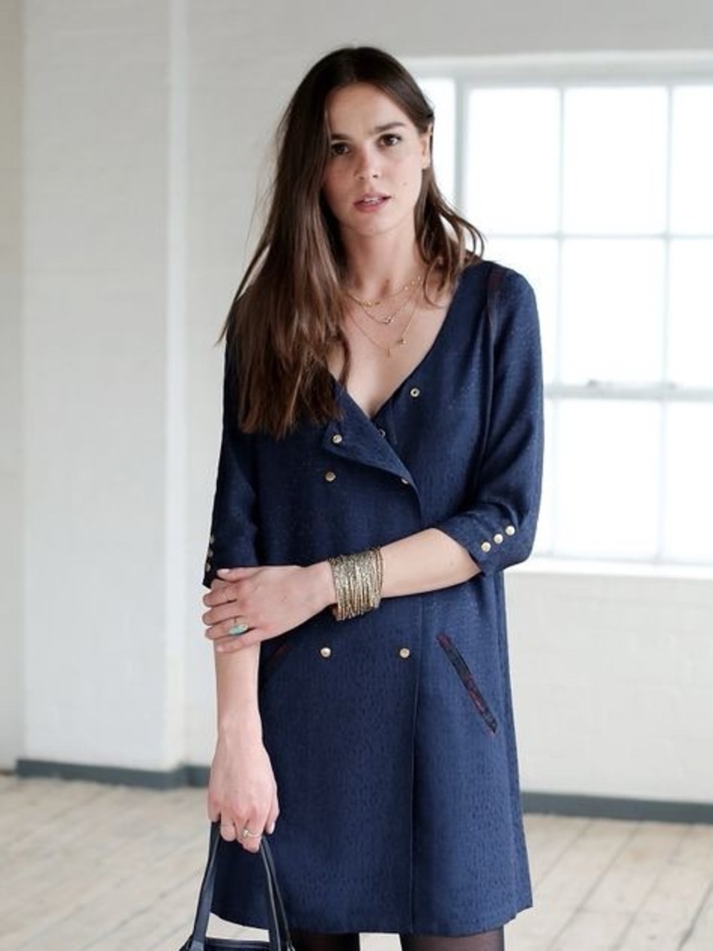 Rare Sézane Navy Jacquard Gold Button Mini Dress FR 38 / US 6